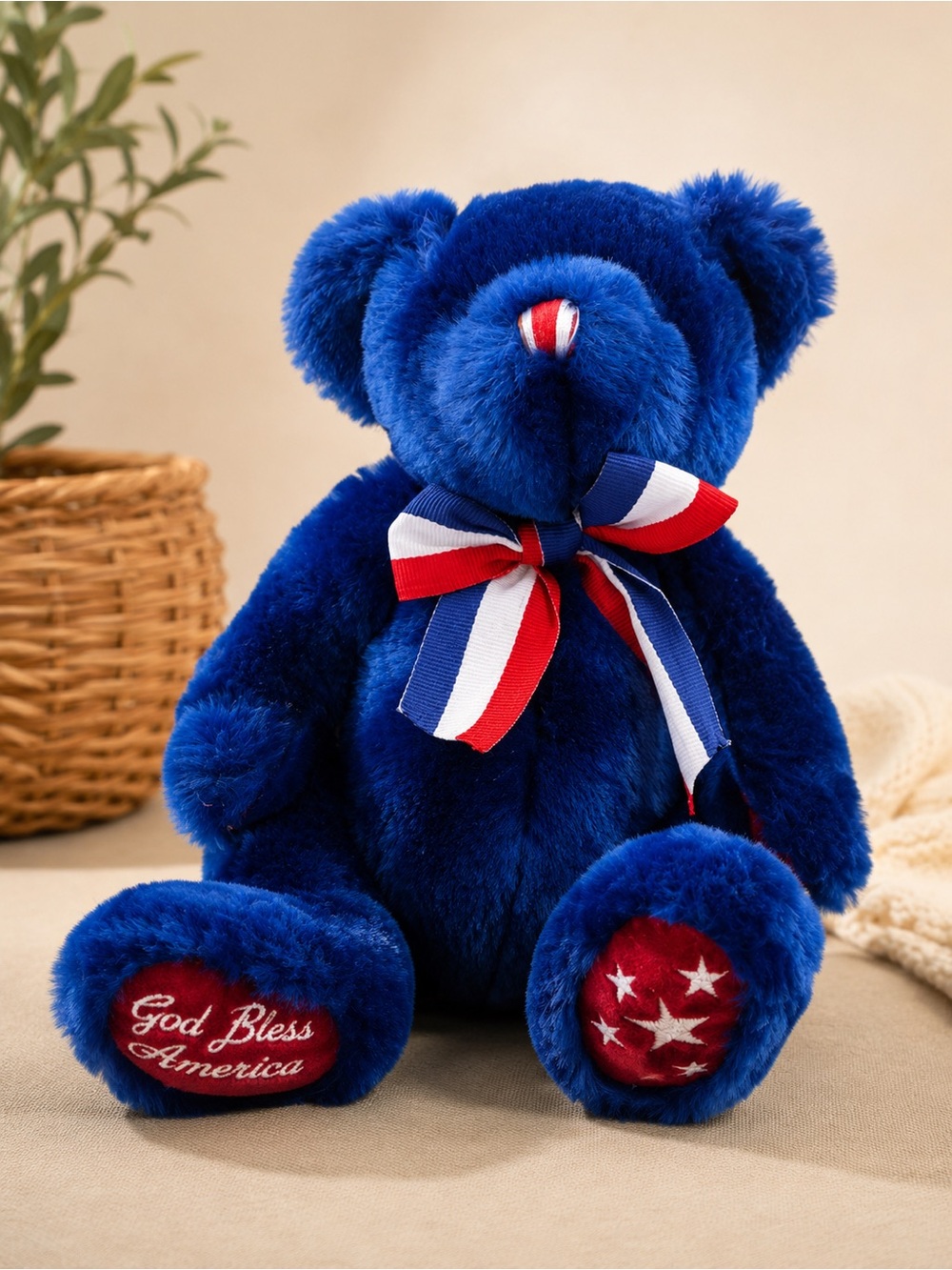 Blue Plush Teddy Bear 9” Stuffed Animal Patriotic Red White Blue Ribbon Soft Toy